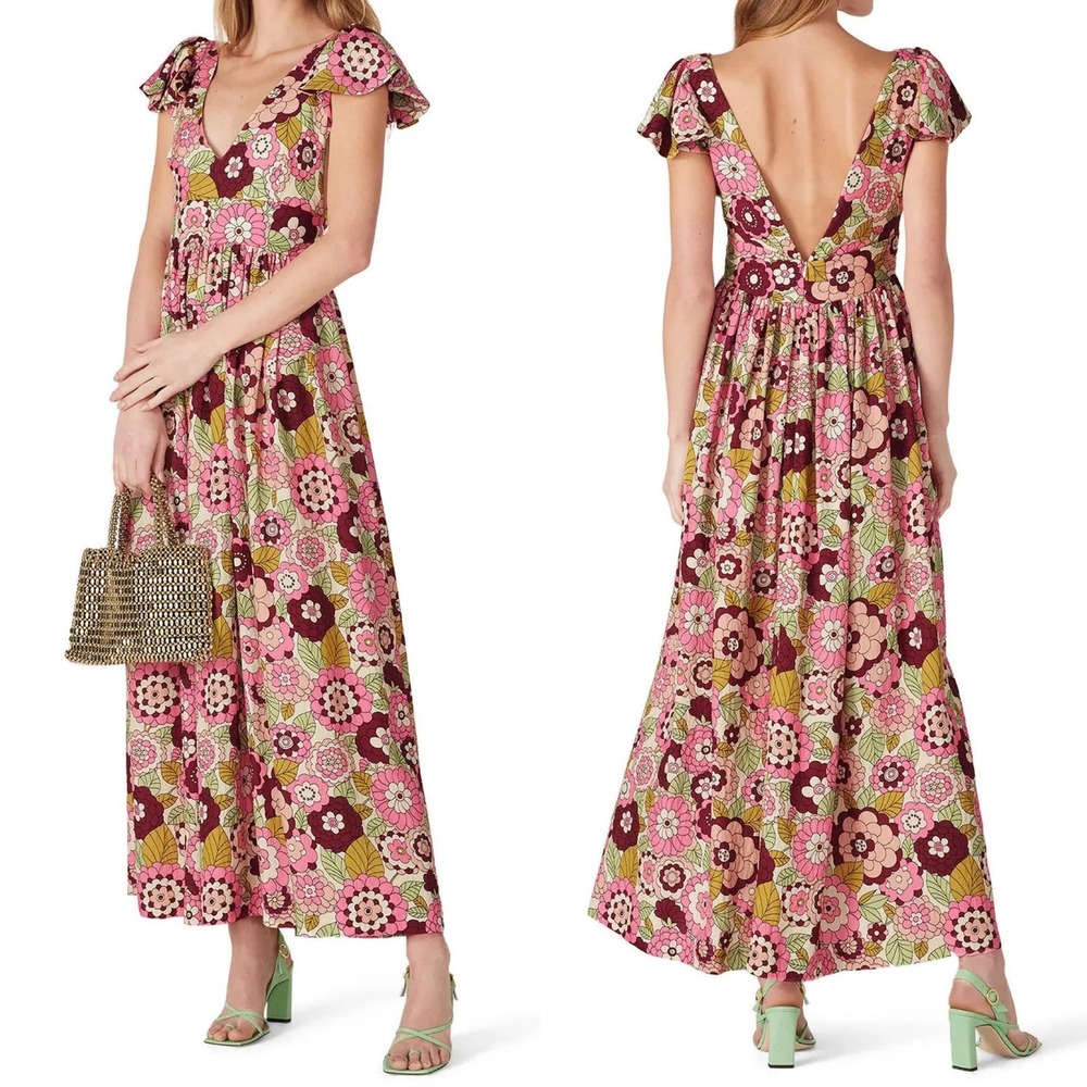Dodo Bar Or Jenny Long Dress Small Pink Floral Retro V-Neck Maxi Chic Flowy Long